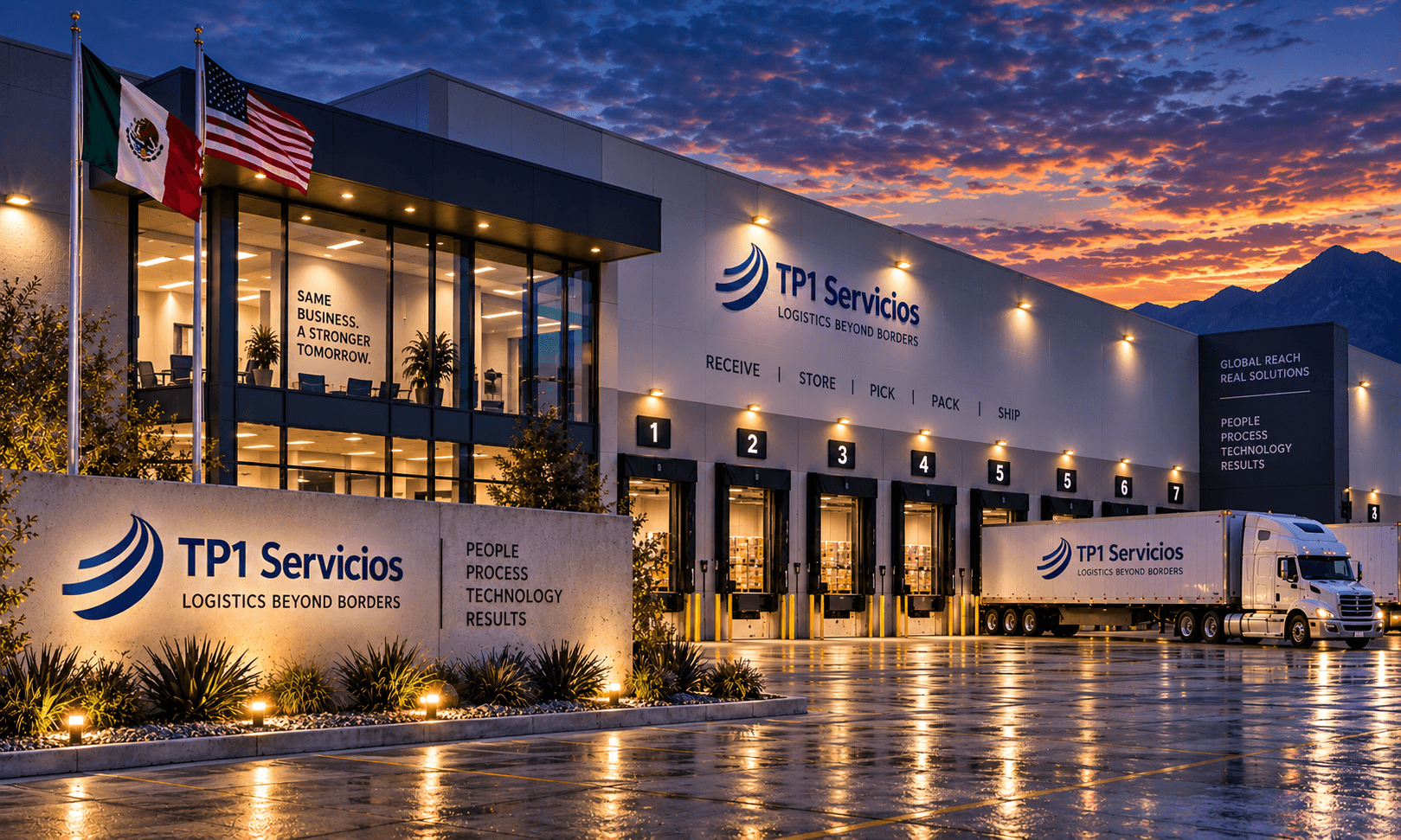 Centro de distribución de TP1 Servicios al anochecer con andenes de carga iluminados