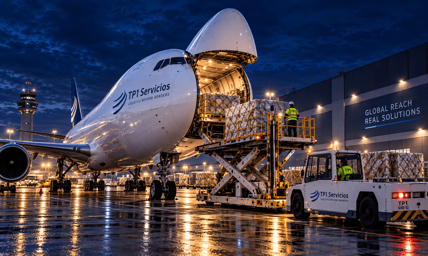 Avión de carga en plataforma durante operación de flete aéreo