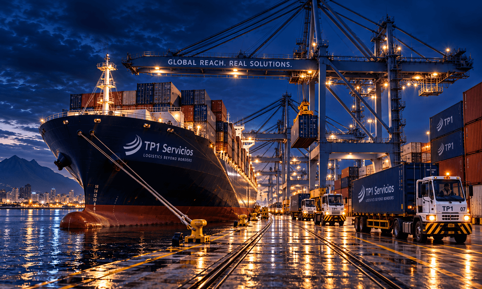 Buque portacontenedores de TP1 Servicios atracado en terminal portuaria de noche