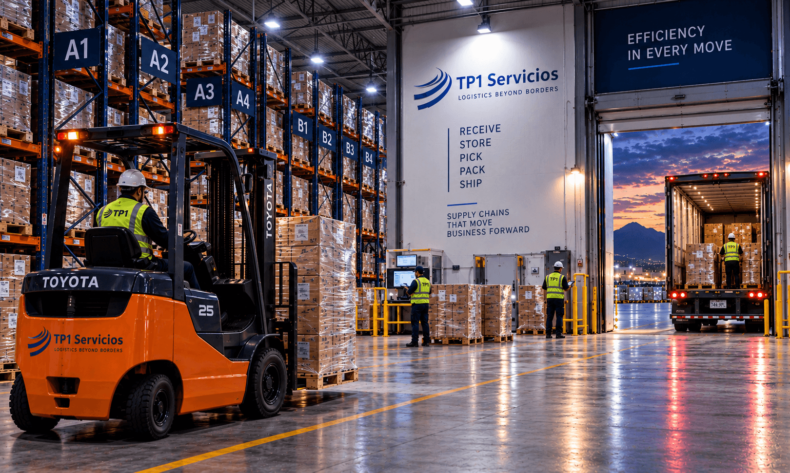 Interior de almacén premium de TP1 Servicios con racks selectivos y montacargas
